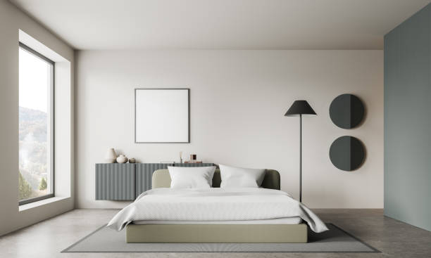 istock Stylish bedroom interior with bed, drawer with panoramic window. Mock up frame 1724026649