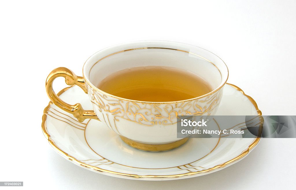 Chávena de chá, Pires, ouro, branco, Dainty, tomar uma bebida quente, isolados - Royalty-free Chávena de Chá Foto de stock