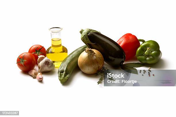 Ingredients Vegetables For Ratatouille Isolated On White Background Stock Photo - Download Image Now