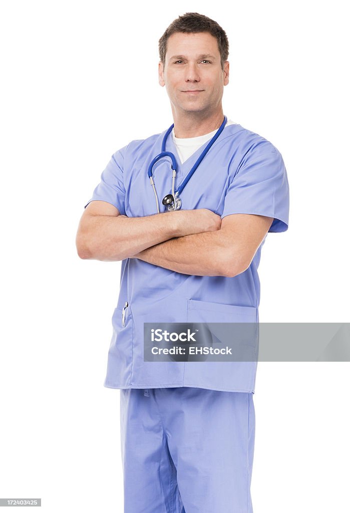 Homem médico e cirurgião enfermeira isolado no fundo branco - Foto de stock de Enfermeiro royalty-free