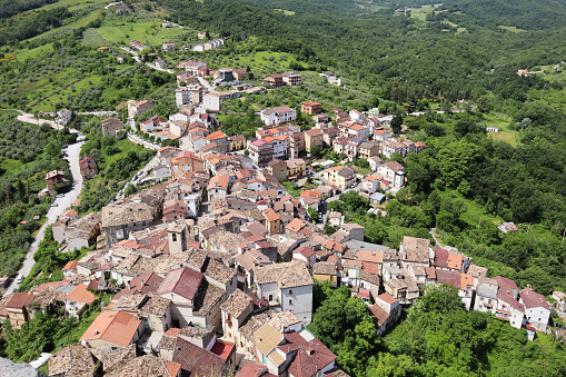 Elevated view of the medieval town of Pennadomo, in the Chieti province of Abruzzo, in Italy, with it's tiled roofs