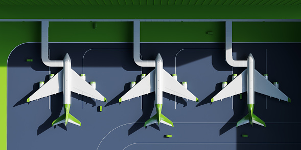 Top view of three airplanes with jet bridge in row, boarding or disembarking at the airport building. Concept of tourism, traveling and flight. 3D rendering illustration