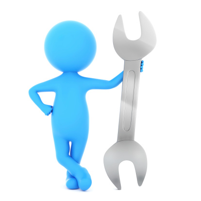 3d small people - repairman with wrench and screwdriver. 3d generated image. White background.