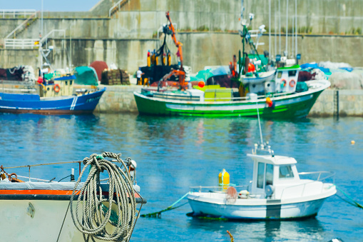 Fishing boats and  harbor docks.  Malpica fishing village, A Coruña province, Rías Altas, Galicia, Spain.