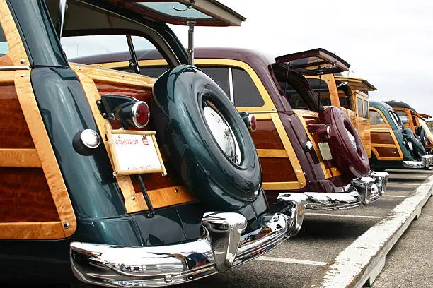 A lineup of woodies at the wharf.