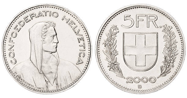 5 つのスイスフラン白背景 - swiss currency coin swiss francs swiss coin ストックフォトと画像