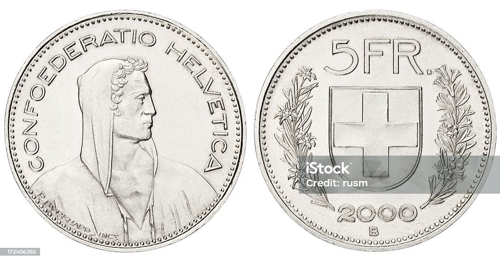 Five Swiss Franc on white background Five Swiss Franc coin. Isolated on white with clipping path. Swiss Currency Stock Photo