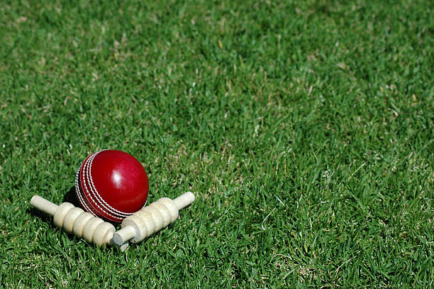 istock Red cricket ball and bails 172406380