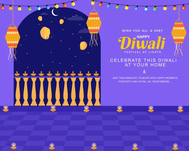 Vector illustration of Beautiful night scene of Hindu Festival of Lights Indian house decorated with Diya in Diwali Night