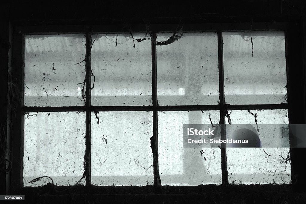 Old dusty window in barn covered with spider webs. Agriculture Stock Photo