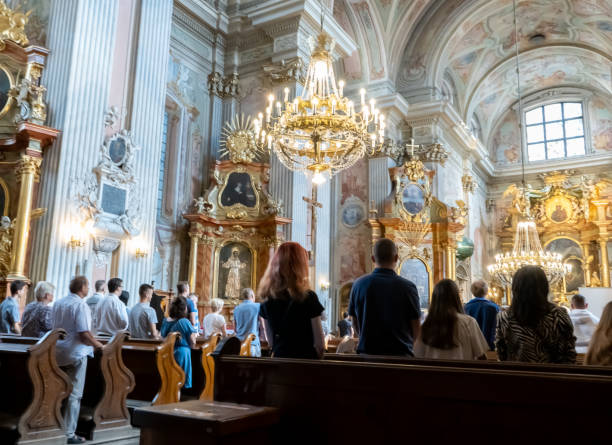 People at the church. Prayer in the Cathedral. stock photo