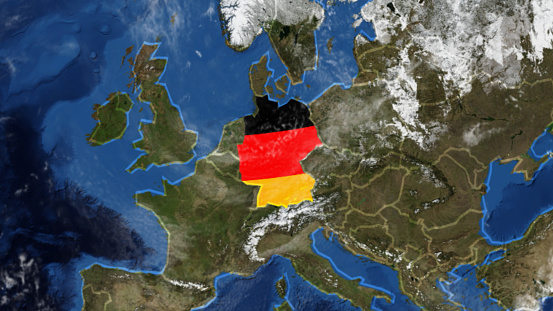 Credit: https://www.nasa.gov/topics/earth/images\n\nAn illustrative stock image showcasing the distinctive tricolor flag of Germany beautifully draped across a detailed map of the country, symbolizing the rich history and culture