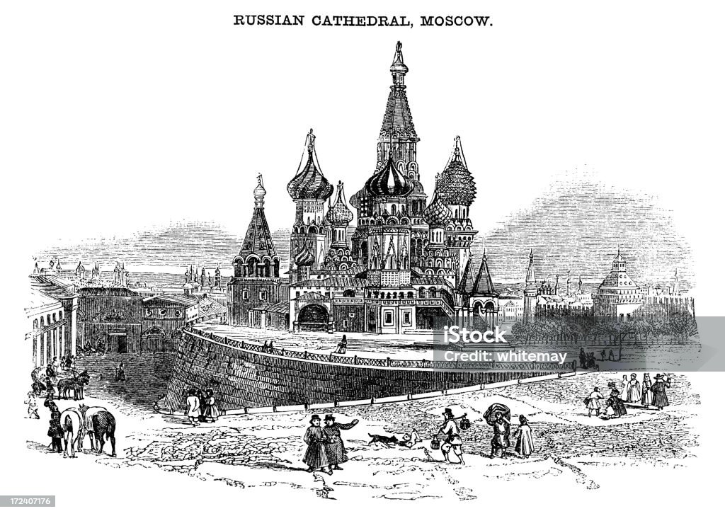 St Basil's Cathedral, Moscow (Victorian woodcut) St Basil's Cathedral, Moscow (The Cathedral of the Protection of Most Holy Theotokos on the Moat). Woodcut from “Pleasant Hours: A Monthly Journal of Home Reading and Sunday Teaching; Volume III” published by the Church of England’s National Society’s Depository, London, in 1863. Kremlin stock illustration