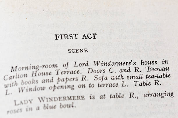 First act of a play by Oscar Wilde The first act of "Lady Windermere's Fan, A Play About a Good Woman", from a pre-1942 edition of The Works of Oscar Wilde (the writer, playwright and wit who lived from 1854 to 1900). oscar wilde stock pictures, royalty-free photos & images
