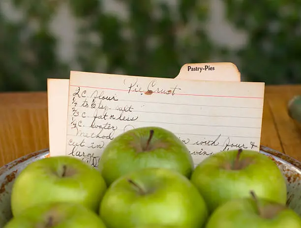 Photo of Apple Holiday Pie & Cooking Food Recipe Ingredients, Handwritten Index Card