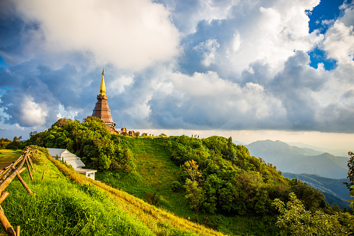 Beautiful landscape aerial view of Doi Inthanon in evening time with blue sky background buddhist stupa landmark tourism at Chiang Mai of north Thailand.