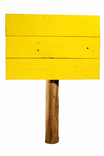 Yellow wooden sign, blank. Isolated on white