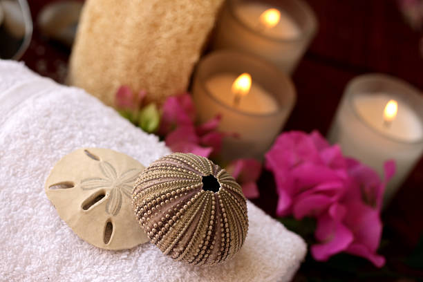seashells and candles set the mood for a spa session (towels and loofah included). You may also like: