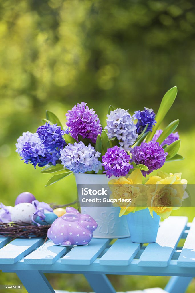 Composition with flowers and easter eggs "Hyacinths, daffodils and easter eggs, spring composition" Easter Stock Photo