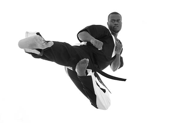 en aire - kicking tae kwon do martial arts flying fotografías e imágenes de stock