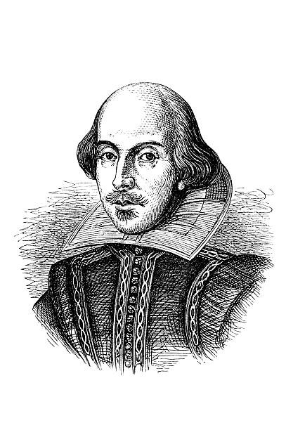 Antique book illustration: William Shakespeare "Engraving of the English writer and poet William Shakespeare (1564-1616). Illustration from a bound edition of the English journal London Society, published in London 1864. This version is based on the so-called Droeshout portrait, the frontispiece on the First Folio collection of Shakespeare's Plays, published in 1623.William Shakespeare:" william shakespeare illustrations stock illustrations