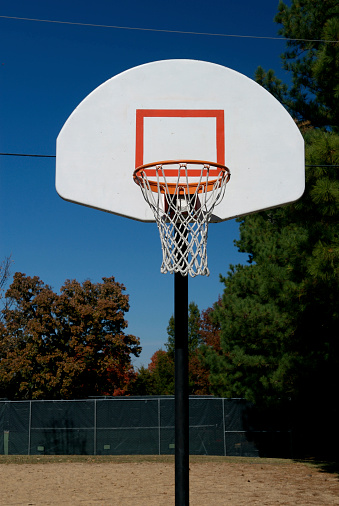 basketball backboard with the hoop metal ring in the city park with trees in a background