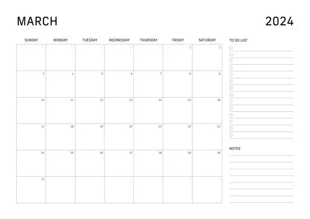 Vector illustration of Sunday start monthly calendar for March 2024 with to do list and notes