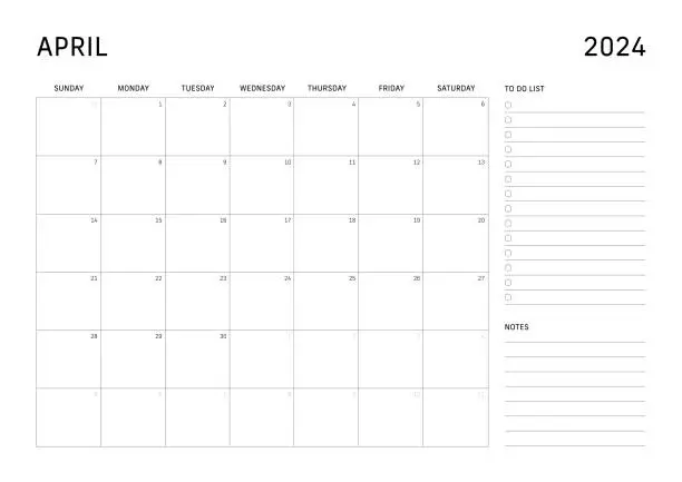 Vector illustration of Sunday start monthly calendar for April 2024 with to do list and notes