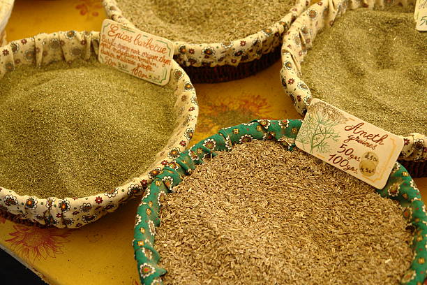 Herbs and spices in jute bags at a Provencal market in France