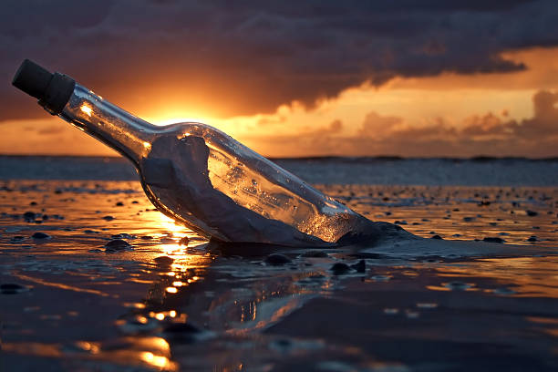 Message in a bottle floating in water, 3D rendering