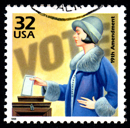 A United States postage stamp issued in 1998 commemorating the ratification of the 19th Amendment to the US Constitution granting women the right to vote.