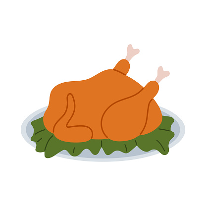 Roasted turkey. Thanksgiving or Christmas holiday dish. Traditional food. Whole baked chicken with lettuce on white plate. Hand drawn colored flat vector illustration isolated on white.