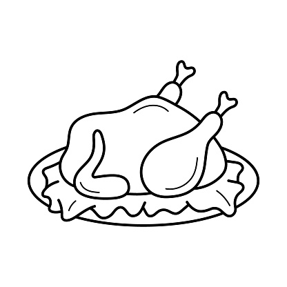 Roasted turkey. A holiday dish for Thanksgiving or Christmas. Festive dinner. Whole baked chicken on plate. Hand drawn doodle icon. Isolated vector illustration.