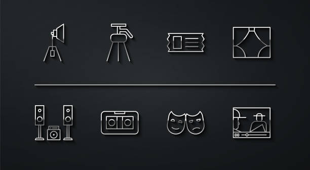 установите линию кинопрожектор, �домашняя стереосистема с двумя динамиками, занавес, комедийные и трагические маски, видеокассета vhs, штати� - curtain stage lens camera stock illustrations