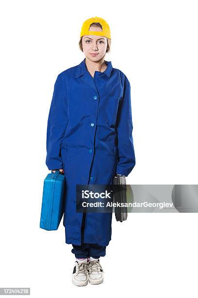 Cute Little Blonde Repairman Holding Toolboxes Stock Photo - Download Image Now - Assistance, Bag, Beautiful People