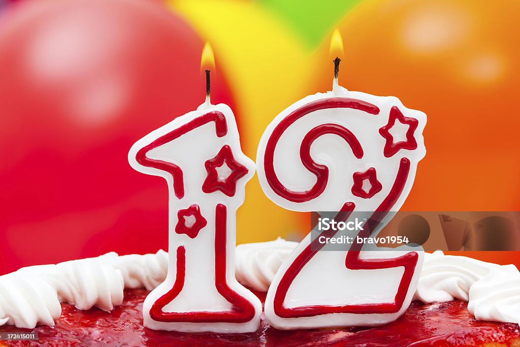 Cake for 12th birthday Birthday cake with lighted candles Number 12 Number 12 Stock Photo