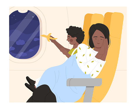 Woman sleeping during the night flight. Child playing near his mother cartoon vector illustration