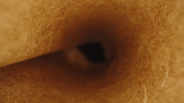 Brown baking paper rolled into a tube. Dolly slider extreme close-up.