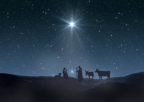 ベツレヘムの明るい星、またはクリスマスの星。イエス・キリスト、マリア、ヨセフ、動物のシルエット - star of bethlehem点のイラスト素材／クリップアート素材／マンガ素材／アイコン素材