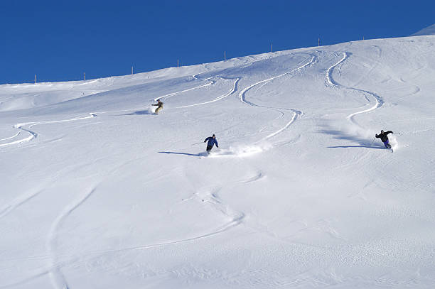 gruppo telemarker na neve fresca - telemark skiing skiing ski moving down - fotografias e filmes do acervo