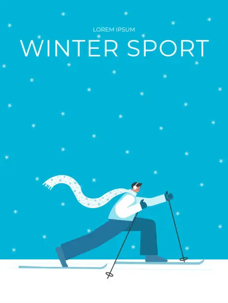 Vector illustration of Vector isolated colorful illustration with male character in blue dress with text Winter Sport. Flat cartoon active man is skiing in cross country style. Greeting card with nordic skier