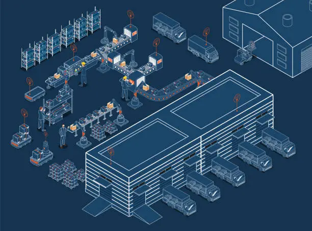 Vector illustration of Smart Warehouse Management System with Warehouse simulation, Logistics flexibility, Robotic process automation and Accurate inventory counts. Vector illustration eps10