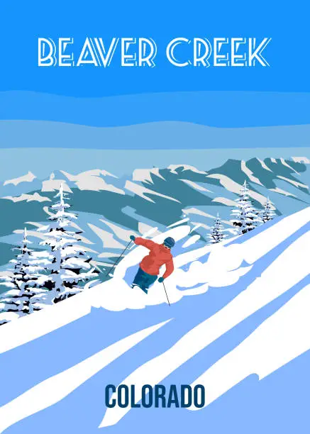 Vector illustration of Ski Travel resort poster vintage Beaver Creek. Colorado USA winter landscape travel card