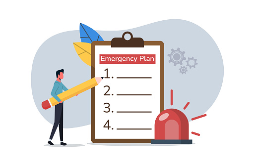 Business emergency plan, smart businessman holding pencil with paper of emergency plan and flashing siren, checklist to do when disasters happen to continue business and build resilience concept.