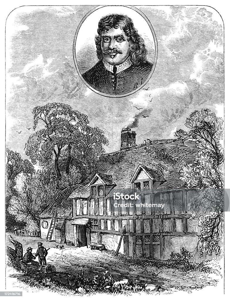 John Bunyan, e seu local de nascimento (Victorian Estampa Xilográfica) - Ilustração de 1860-1869 royalty-free