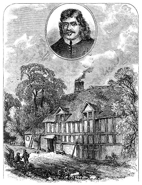 John Bunyan and his birthplace (Victorian woodcut) A portrait of John Bunyan (1628-1688), preacher and author of “Pilgrim’s Progress”, with his birthplace at Bunyan’s End in Elstow, Bedfordshire. Woodcut from “Pleasant Hours: A Monthly Journal of Home Reading and Sunday Teaching; Volume III” published by the Church of England’s National Society’s Depository, London, in 1863. book title stock illustrations