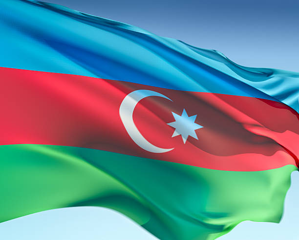 Azerbaijani flag waving in the wind. Elaborate rendering including motion blur and even a fabric texture (visible at 100%).