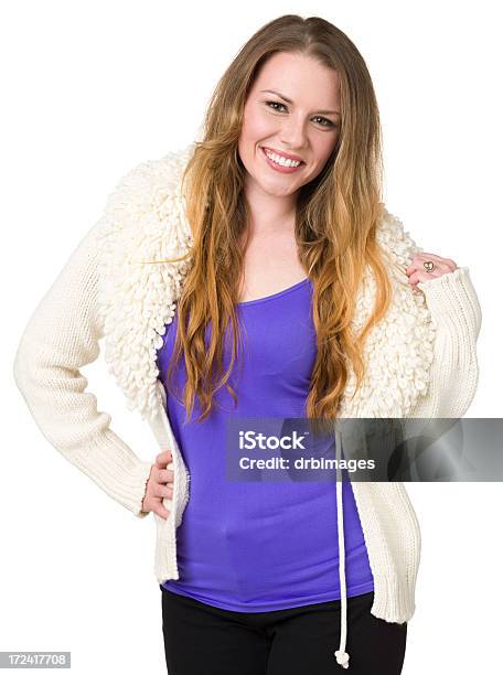 Casual Young Woman In Poofy White Jacket Stock Photo - Download Image Now - 20-29 Years, 21st Century, 25-29 Years