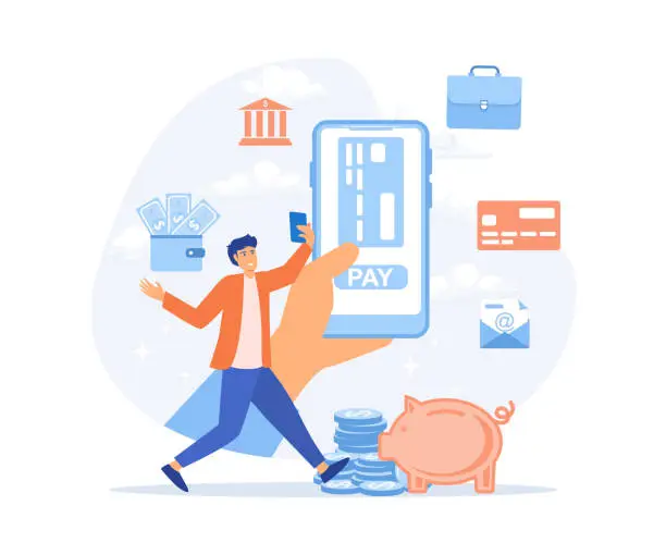 Vector illustration of Mobile payment and mobile banking concept. Hands holding phones with differed type of payment. Internet banking, online purchasing and transaction, flat vector modern illustration