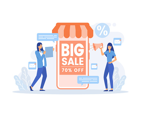 Big sale and discounts for shoppers e-marketing Concept, Woman use megaphone or bullhorn on screen of laptop phone digital promotion, flat vector modern illustration